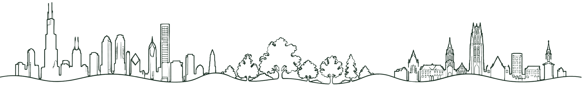 Line drawing of the Chicago skyline, a stretch of trees, and New Haven's Yale towers, joined by one rolling line
